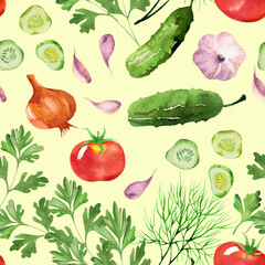 Hand drawn vegetables in style watercolour.  Vegetable seamless pattern with tomatoes, cucumber, dill and parsley watercolour. Nice background for paper, textile, decoration and wrapping