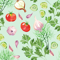 Hand drawn vegetables in style watercolour.  Vegetable seamless pattern with tomatoes, cucumber, dill and parsley watercolour. Nice background for paper, textile, decoration and wrapping