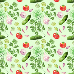 Hand drawn vegetables in style watercolour.  Vegetable seamless pattern with tomatoes, cucumber, dill and parsley watercolour. Nice background for paper, textile, decoration and wrapping
