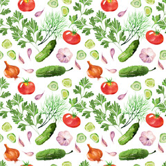 Hand drawn vegetables in style watercolour.  Vegetable seamless pattern with tomatoes, cucumber, dill and parsley watercolour. Nice background for paper, textile, decoration and wrapping