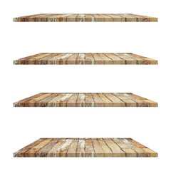 4 old wood shelves table isolated on white background and display montage for product.