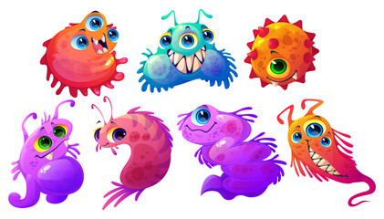 Fototapeta na wymiar Cartoon germs, viruses, microbes and bacteria vector characters. Cute germs with funny faces, colorful cells with teeth and tongues. Smiling pathogen monsters with big eyes and outgrowths isolated set