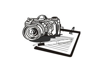 camera note book and pen vector illustration for journalism media - Powered by Adobe