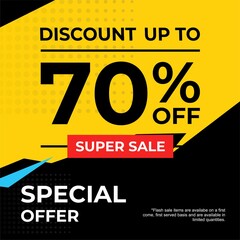 Sale banner design with discount up to 70% off. Flash sale vector template.