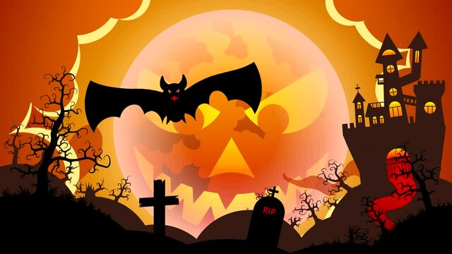 Abstract background with a flying pumpkin, a mouse, a ghost and a huge moon in the background with eyes and a smile. Looped flat animation with drawn characters for Halloween.