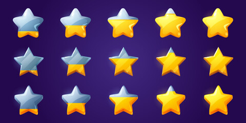 Set of stars, game score elements from empty to full rows. Ui or gui rate yellow golden glossy assets for app user interface and display, winner achievement, bonus Cartoon vector illustration, icons - obrazy, fototapety, plakaty