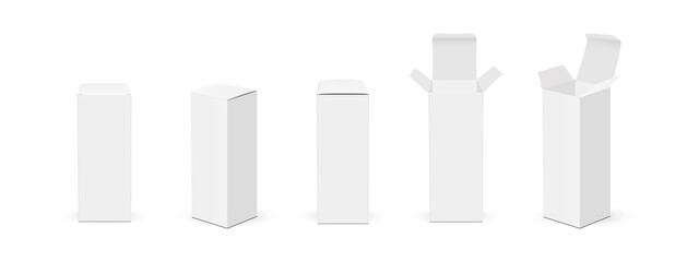 Set of Paper Rectangular Packaging Boxes with Opened and Closed Lid, Various Views, Isolated on White Background. Vector Illustration