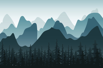Landscape Background Vector With Fog Of Mountains 