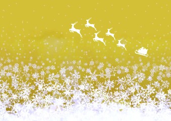 雪降る空を走るサンタクロースの金色のイラスト
