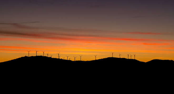 Landscape at sunrise in the Labradas Wind Farm. Villaferrueña, Zamora, Spain.