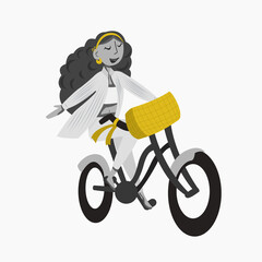 Vector illustration with a girl on a bicycle. A girl with curly hair. Minimalist style. Black and white illustration. Illustration for design, printing, postcards.
