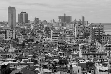 Rooftop view from Central Havana Cuba to Vedado featuring key buildings of the skyline in Black and...