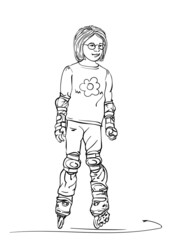 Sketch of cute girl with round spectacles is standing on skate rollers, Hand drawn vector linear illustration isolated on white background