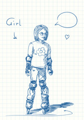 Cute girl with round spectacles is standing on skate rollers, Blue pen sketch on square grid notebook page, Hand drawn vector illustration