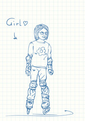 Cute girl with round spectacles is standing on skate rollers, Blue pen sketch on square grid notebook page, Hand drawn vector linear illustration