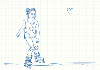 Cute girl with two hair buns is skating on rollers, Blue pen sketch on square grid notebook page, Hand drawn vector linear illustration