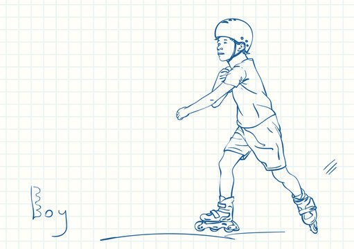 Boy learning to skate on rollers, Blue pen sketch on square grid notebook page, Hand drawn vector linear illustration