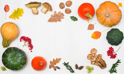 Festive autumn decor frame with pumpkins, berries, mushrooms and leaves on  white wooden background. Concept of Thanksgiving day. Flat lay autumn composition with copy space.