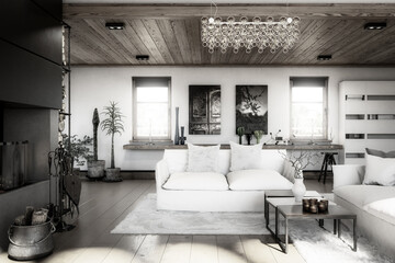 Modern Home Loft Interior  - black and white 3d visualization