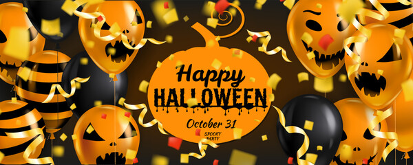 Happy Halloween banner with Balloons air realistic, gold confetti foil falling. Scary smiles, ghost icons black, orange colors. Halloween template background