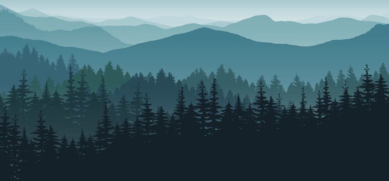 Vector illustration with  mountain landscape. fog and forest.