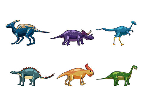Set funny prehistoric dinosaurus Triceratops, Brontosaurus. Collection ancient wild monsters reptiles cartoon style. Vector isolated