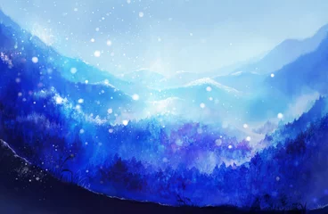 Gordijnen Besneeuwde blauwe berglandschap illustratie (aquarel) © gelatin