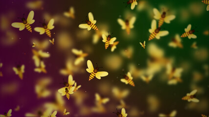 Blurry Focus Swarm Of Honey Bees Flying In The Air With Glitter Dust On Natural Gradient Green Red Background