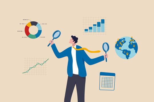 Business Analysis, Calculate Or Research For Market Growth, Financial Report, Investment Data Or Sale Information Concept, Smart Businessman Analyst Holding Magnifying Glass Analyze Graph And Chart.