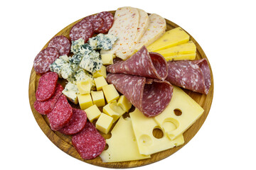 Antipasti platter with assortment of italian salami and cheese isolated on white background
