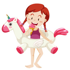 Cute girl with dinosaur swimming ring isolated