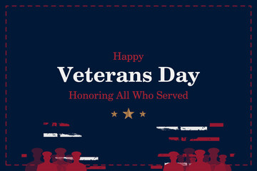 Happy Veterans Day. Greeting card with USA flag and soldiers on blue background. National American holiday event. Flat vector illustration EPS10.