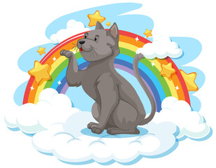 Cute cat on the cloud with rainbow