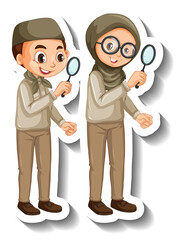 Couple muslim kids wear safari outfit cartoon character sticker