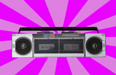 Creative zine style collage withortable Stereo Radio Cassette Recorder on neon pink radiant...