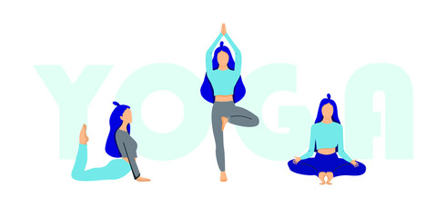 Yoga banner. yoga body posture. group of Woman practicing yoga.