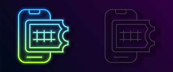 Glowing neon line Online ticket booking and buying app interface icon isolated on black background. E-tickets ordering. Electronic train ticket on screen. Vector