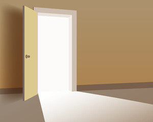 Open door in interior, discovery, ventures, oportunitites concept. Symbol new career, exit, new life. Vector illustration