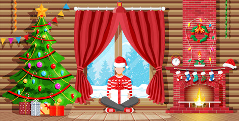 Fototapeta premium Cozy interior of room with window and fireplace. Happy new year decoration. Merry christmas holiday. New year and xmas celebration. Winter landscape, tree, snow, town. Cartoon flat vector illustration