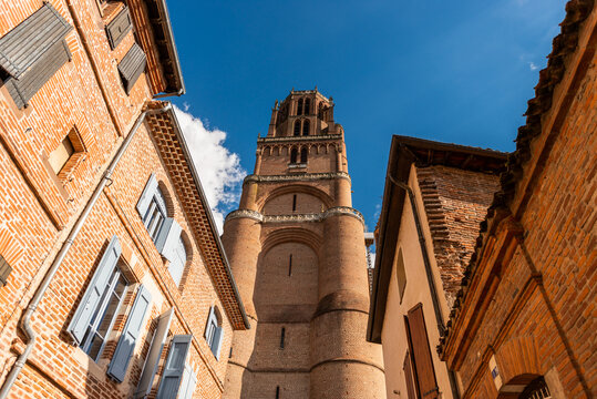 The Sainte Cécile cathedral in Albi, from Castelviel street, in the Tarn, in Occitanie, France