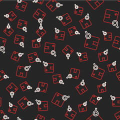 Line Search package icon isolated seamless pattern on black background. Parcel tracking symbol. Magnifying glass and cardboard box. Logistic and delivery. Vector