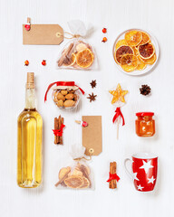 Christmas holiday Flat lay ingredients for hot mulled wine as diy gift for friends, christmas handmade present