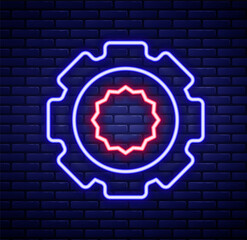 Glowing neon line Gear icon isolated on brick wall background. Cogwheel gear settings sign. Cog symbol. Colorful outline concept. Vector
