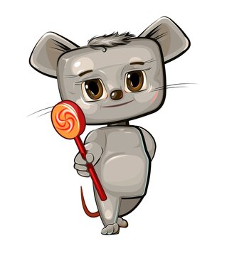Cute kid Mouse stretches out his hand offering a treat. He wants to present a sweetness lollipop. Funny animal baby. Illustration for children. Isolated on white background. Vector