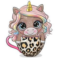 Unicorn is sitting in a leopard Cup of coffee
