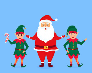 Santa Claus and little elves. Greeting card for New Year and Christmas