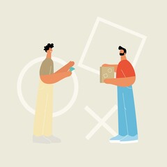 Express delivery. The courier brought the order. The package was delivered to a happy buyer. Modern flat vector illustration