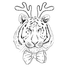 Hand - drawn portrait of a New Year tiger with deer antlers and a bow tie around his neck. Vector illustration. Vintage line sketch. Christmas illustration.
