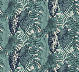 Schönes nahtloses Muster mit tropischer Dschungelpalme, Monstera, Bananenblättern.