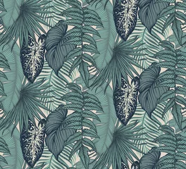 Foto op Plexiglas Tropische bladeren Mooi naadloos patroon met tropische jungle palm, monstera, bananenbladeren.